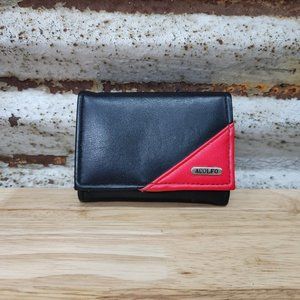 ADOLFO Red Black Lock Snap Folding Trifold Leather Wallet